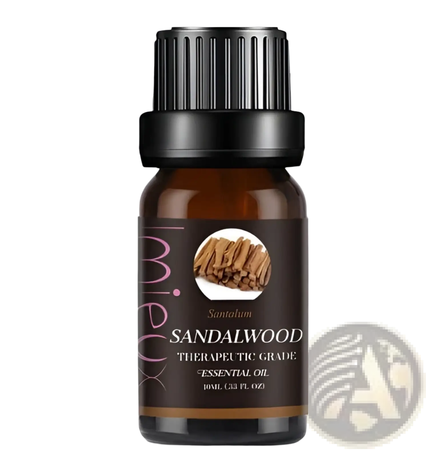 A dark amber glass 10ml bottle with black cap labeled sandalwood therapeutic grade essential oil alongside sandalwood sticks