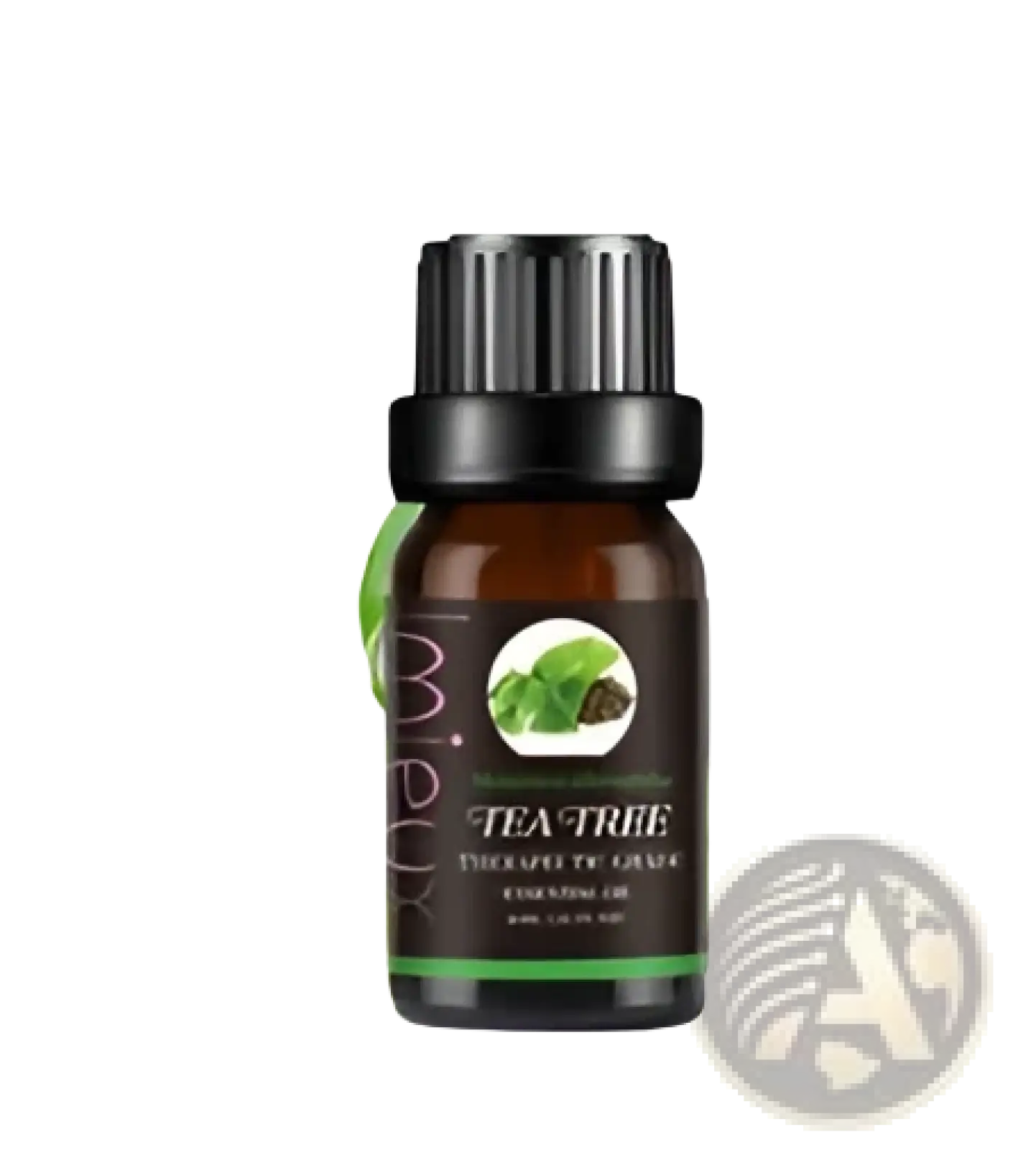 A dark amber glass bottle with black screw cap labeled tea-tree essential oil in essential oil set 10ml pure aromatherapy bottles