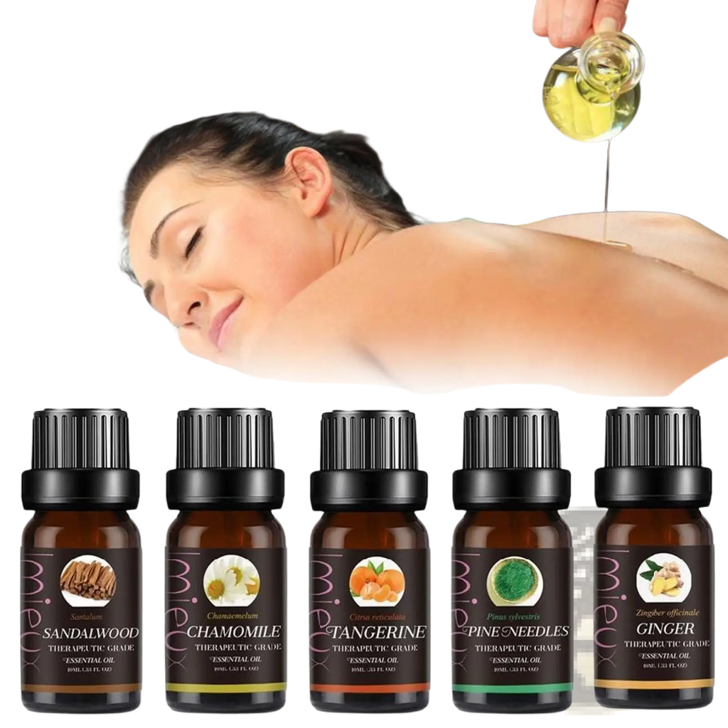 Set of five dark amber glass essential oil bottles with black ribbed caps labeled with five pure aromatherapy scents