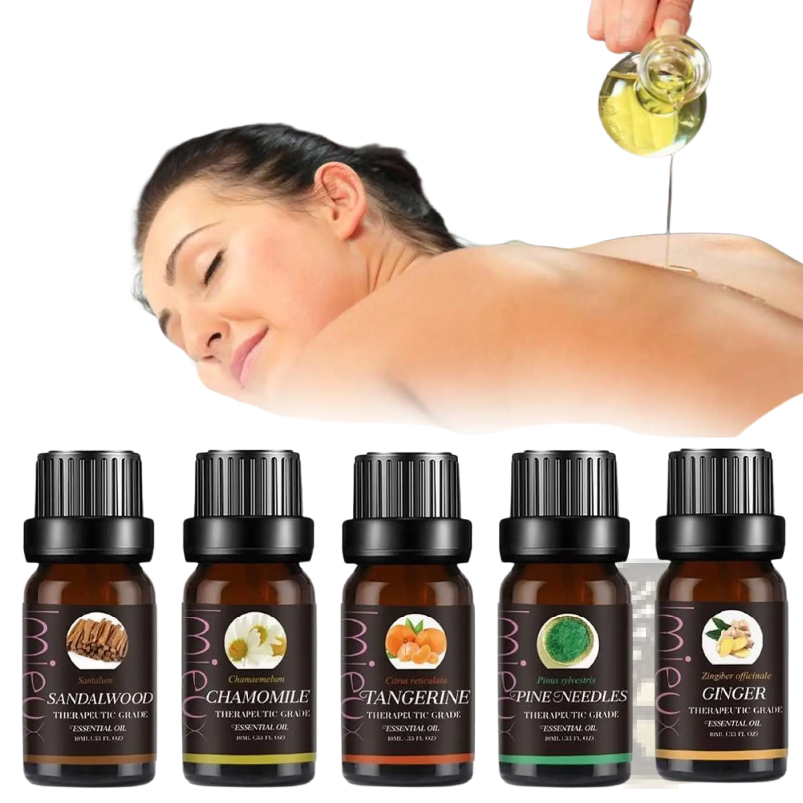Set of five dark amber glass essential oil bottles with black ribbed caps labeled with five pure aromatherapy scents