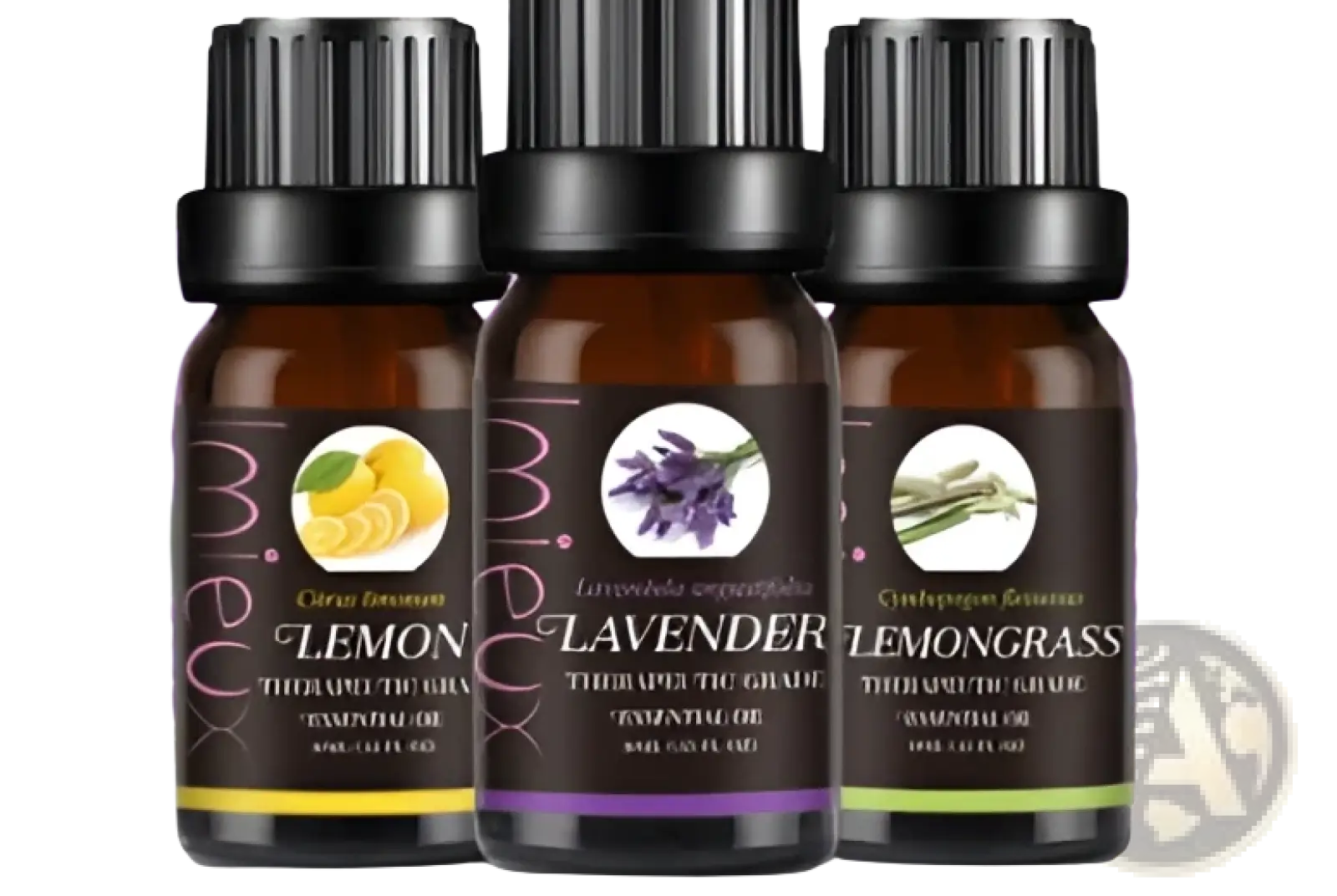 Three amber glass essential oil bottles with black caps labeled citrus lemon lavender and lemongrass 10ml pure aromatherapy set