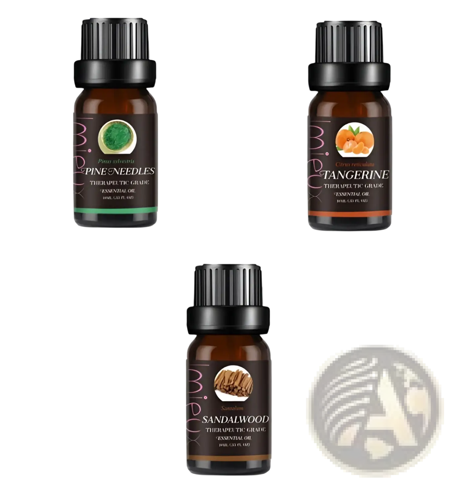 Three amber glass essential oil bottles with black caps labeled pine needles tangerine and sandalwood aromatherapy set