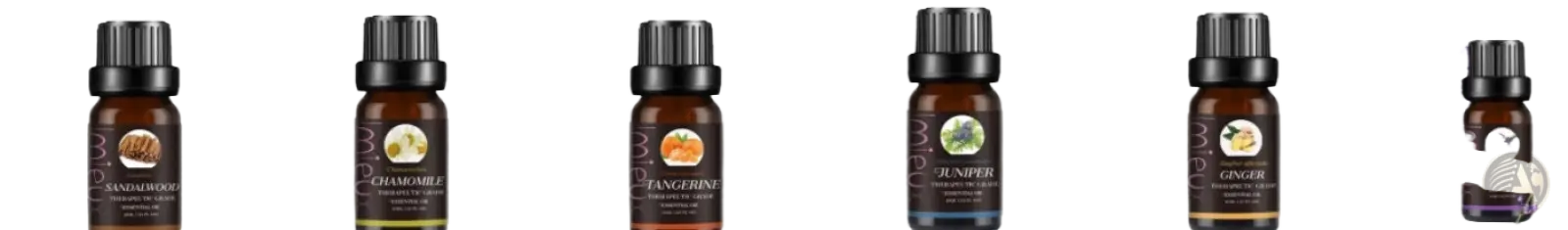 Essential oil set with five dark amber 10ml glass aromatherapy bottles featuring botanical labels and lavender scent