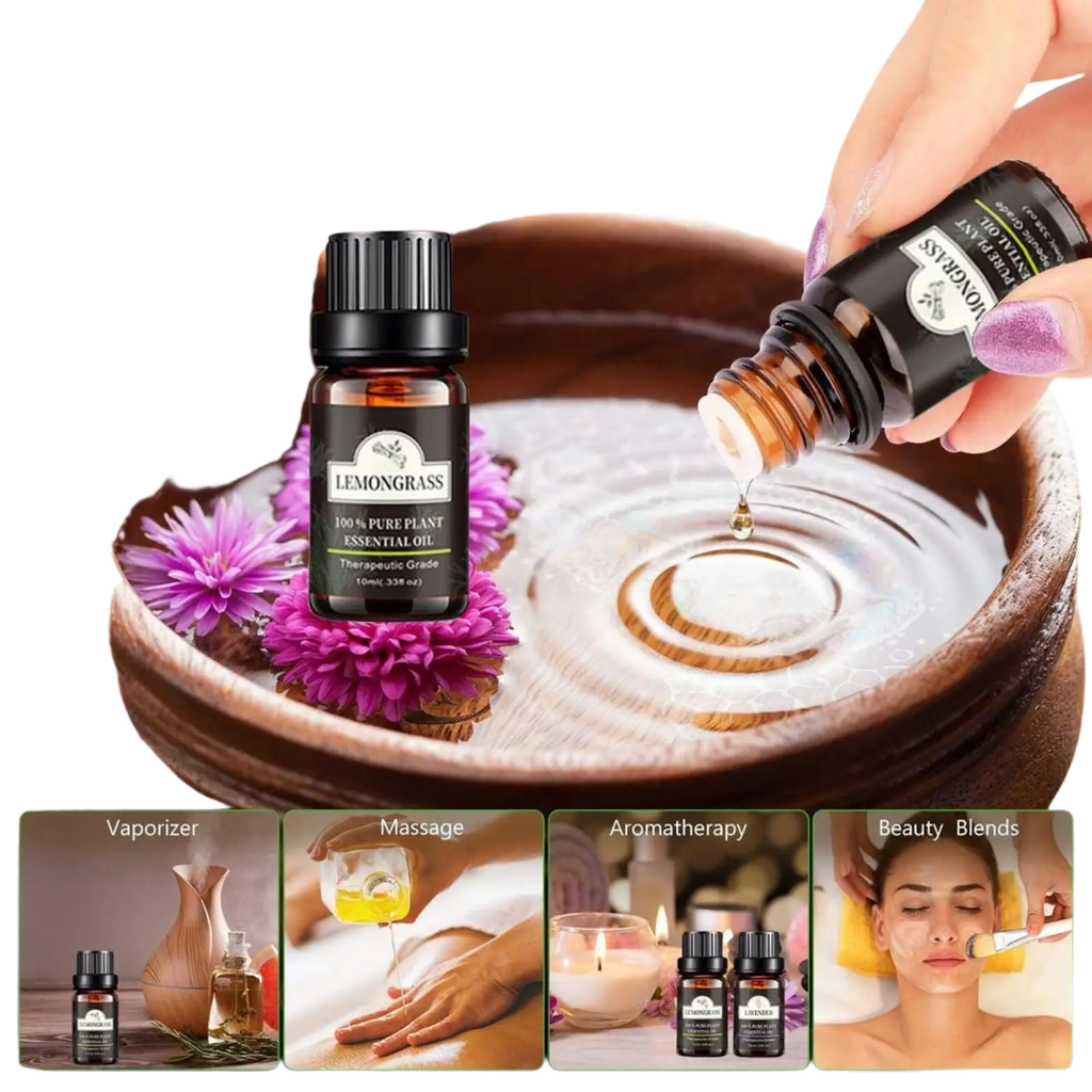 A dark amber glass bottle of lemongrass essential oil pouring into water from the 10ml pure plant aromatherapy 6 pack