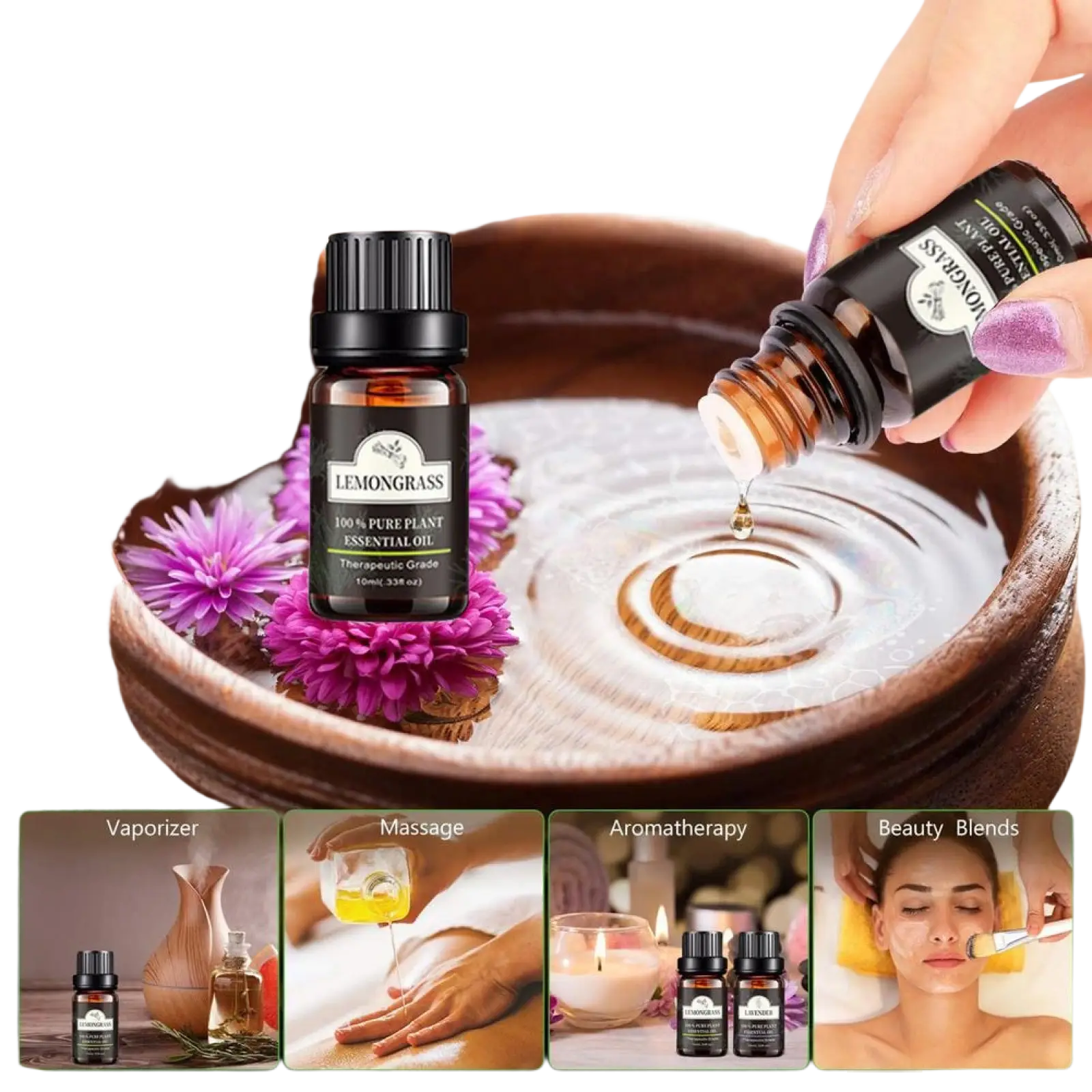 A dark amber glass bottle of lemongrass essential oil pouring into water from the 10ml pure plant aromatherapy 6 pack