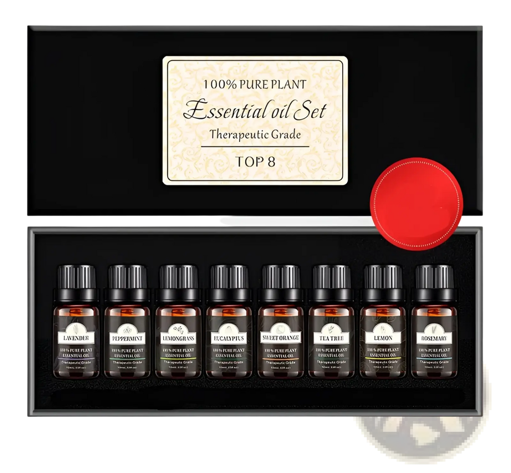 Black gift box containing eight amber glass essential oil bottles with black caps labeled with different scents for aromatherapy