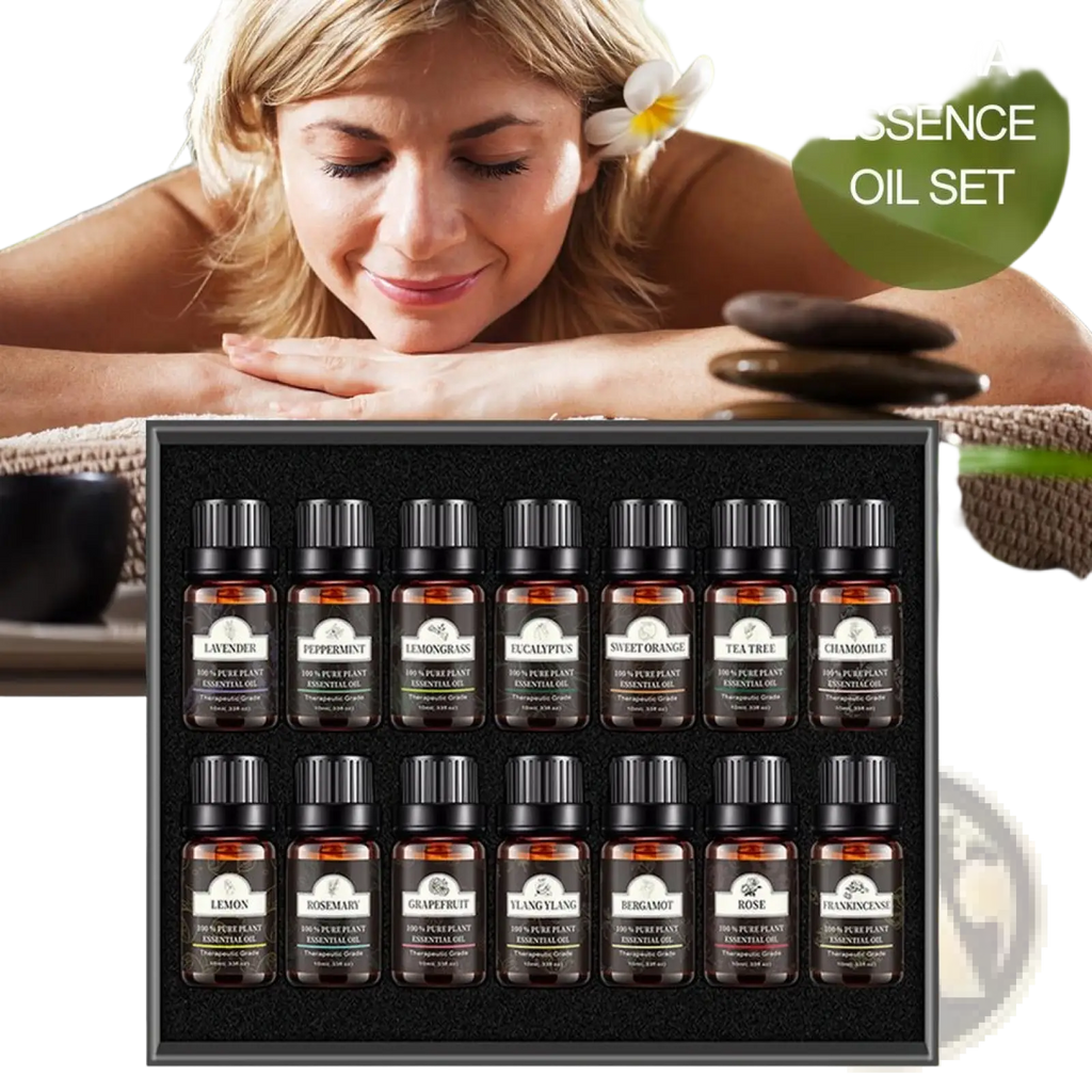 Black-framed box with 16 amber glass essential oil bottles with black caps labeled for pure plant aromatherapy use