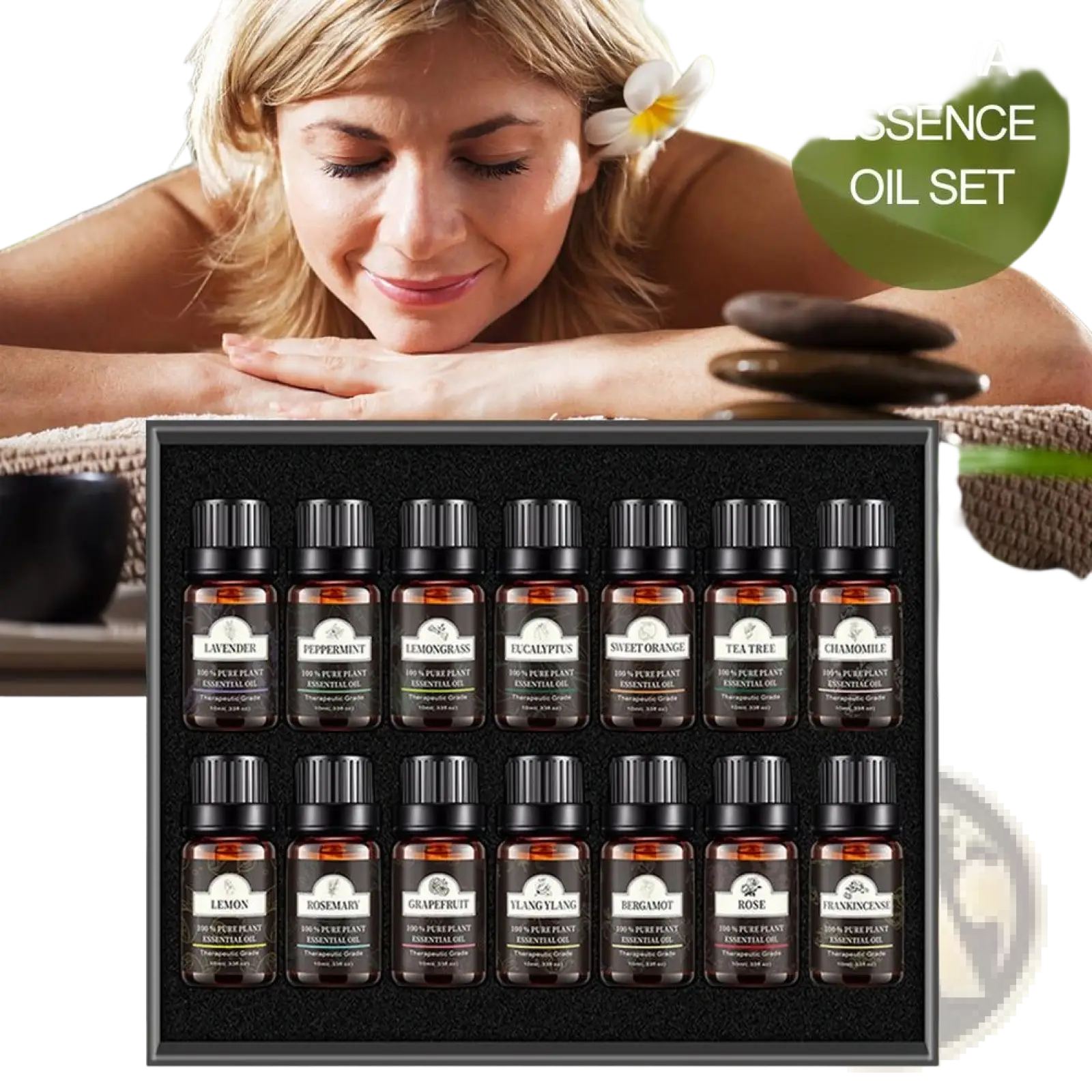 Black-framed box with 16 amber glass essential oil bottles with black caps labeled for pure plant aromatherapy use