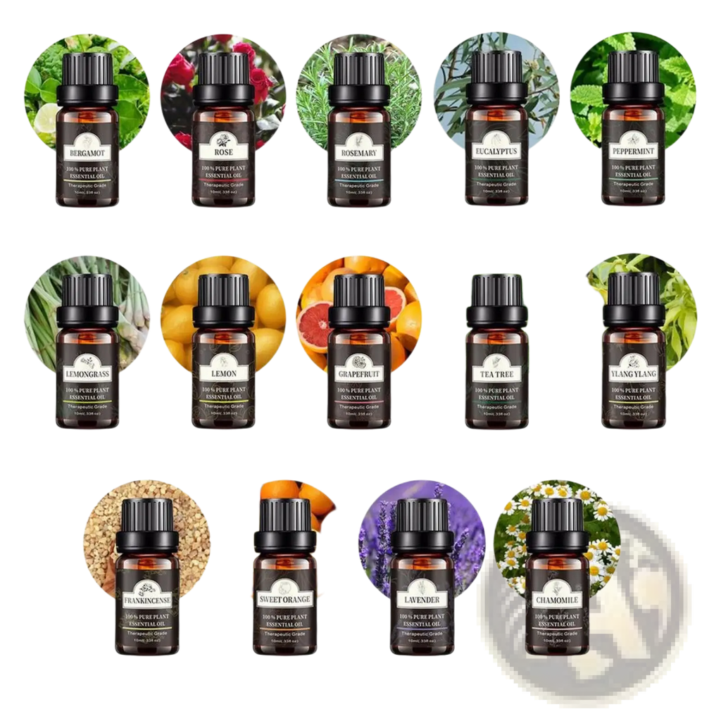 Set of ten amber glass essential oil bottles with black caps and white labels for pure plant aromatherapy use