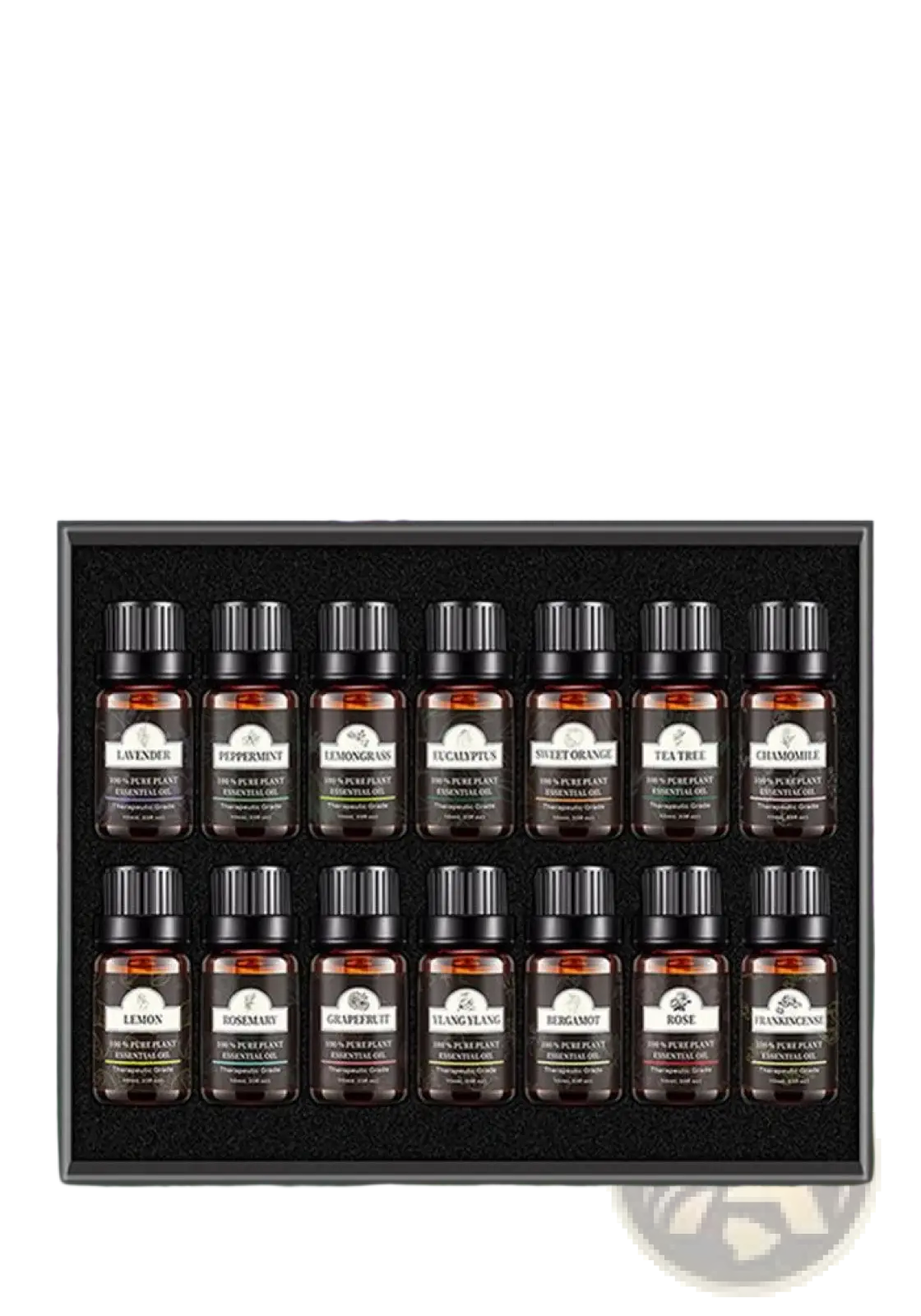 A set of 14 amber glass essential oil bottles with black caps labeled with different scents for aromatherapy use