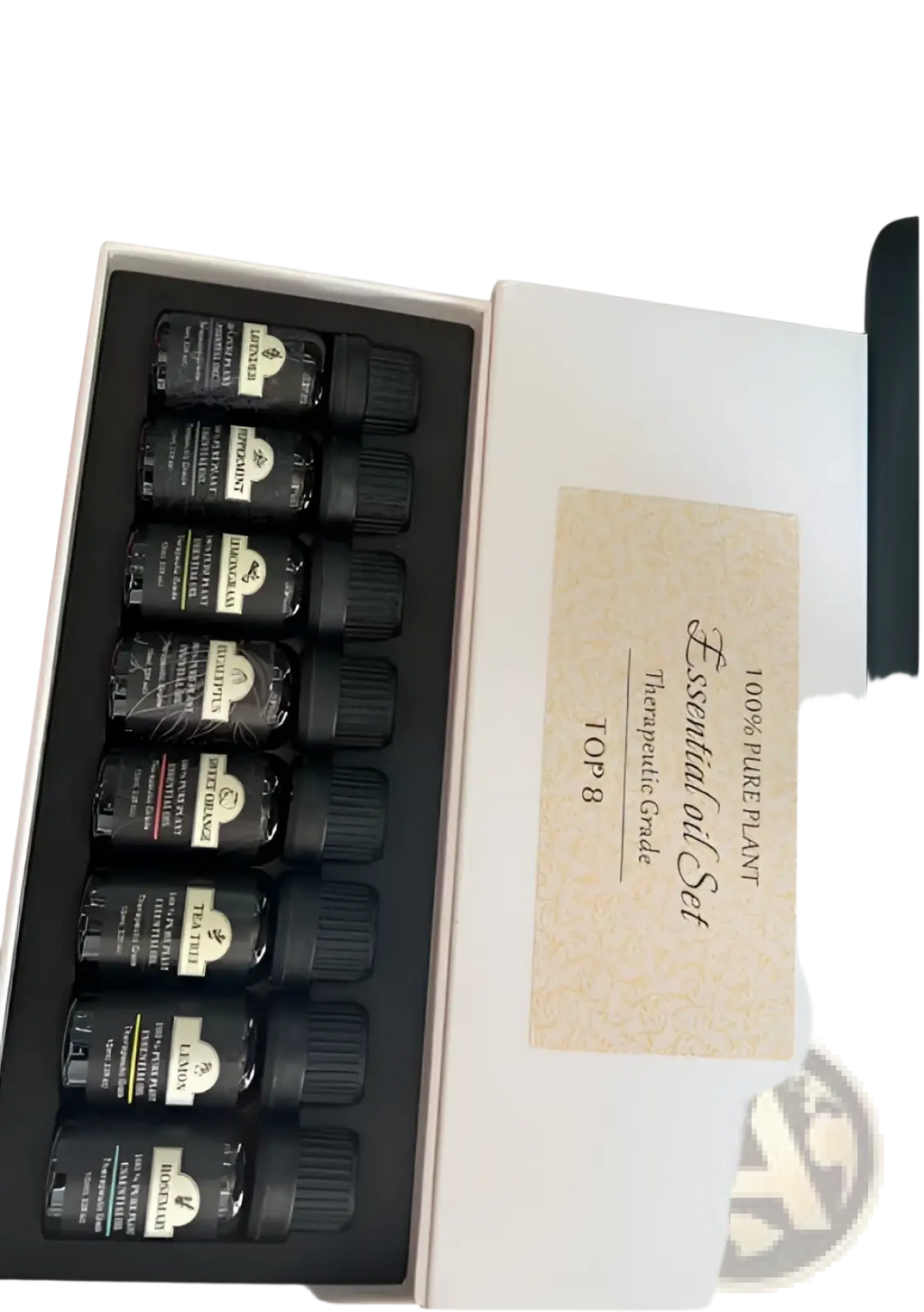 Black glass essential oil bottles with black caps in a white gift box labeled essential oil set for pure plant aromatherapy