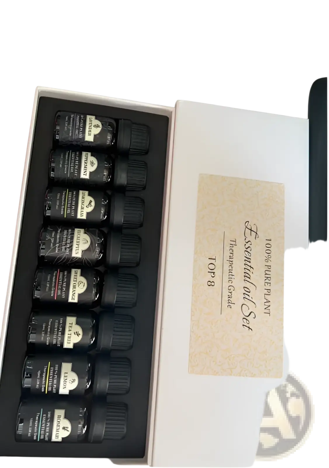 Black glass essential oil bottles with black caps in a white gift box labeled essential oil set for pure plant aromatherapy
