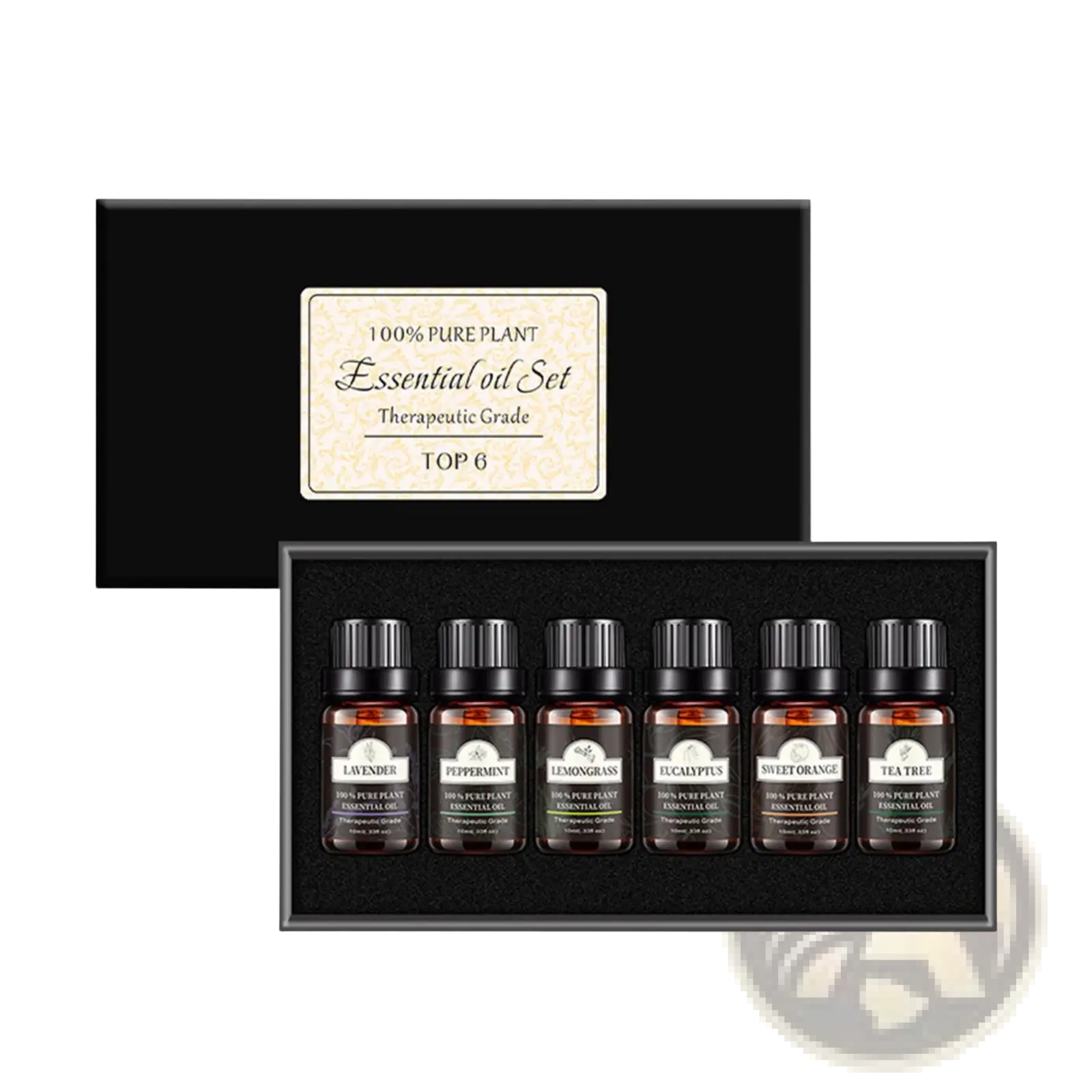 Set of six amber glass essential oil bottles with black caps in a sleek black gift box for pure plant aromatherapy