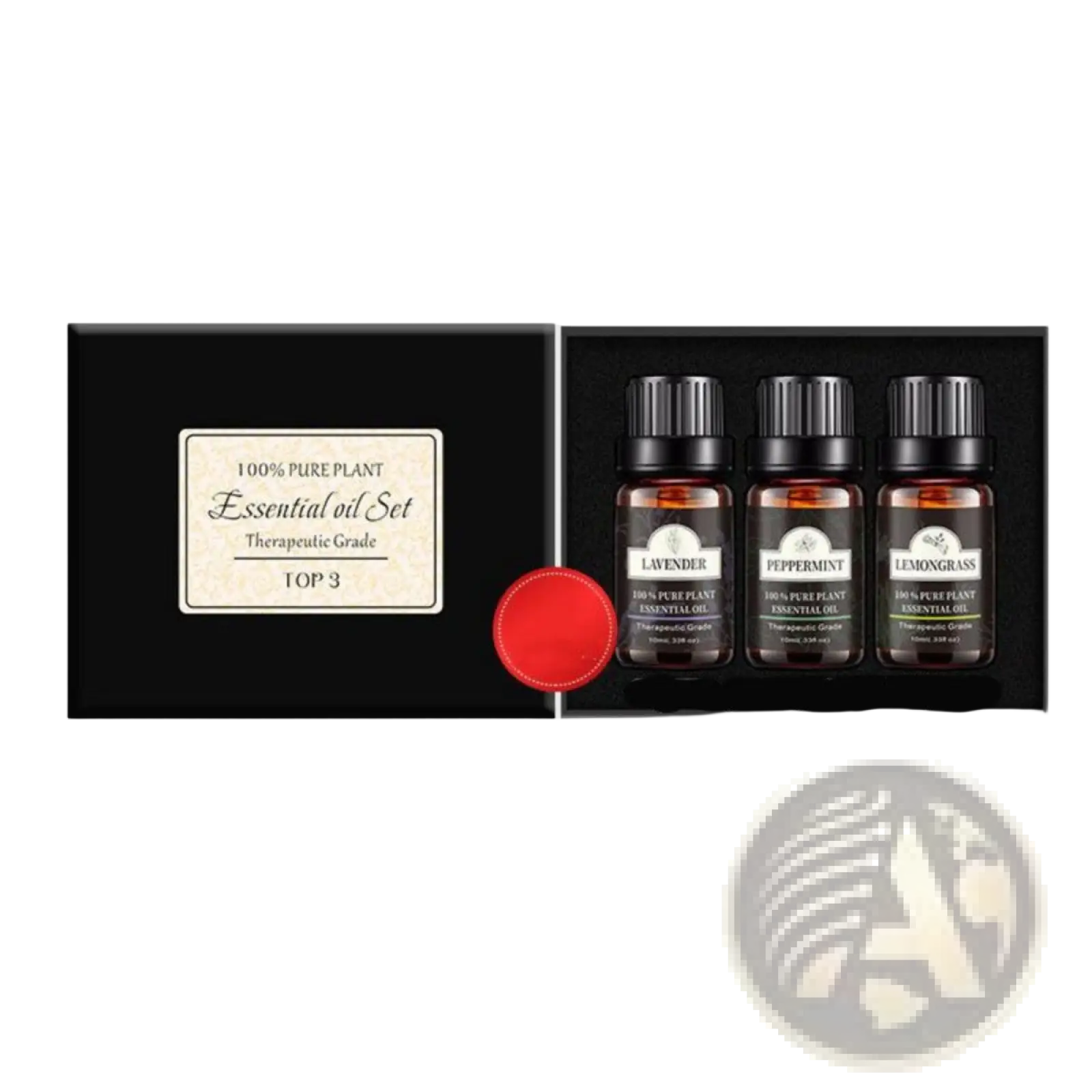 Black gift box containing three amber glass bottles of pure plant essential oils lavender peppermint and lemongrass