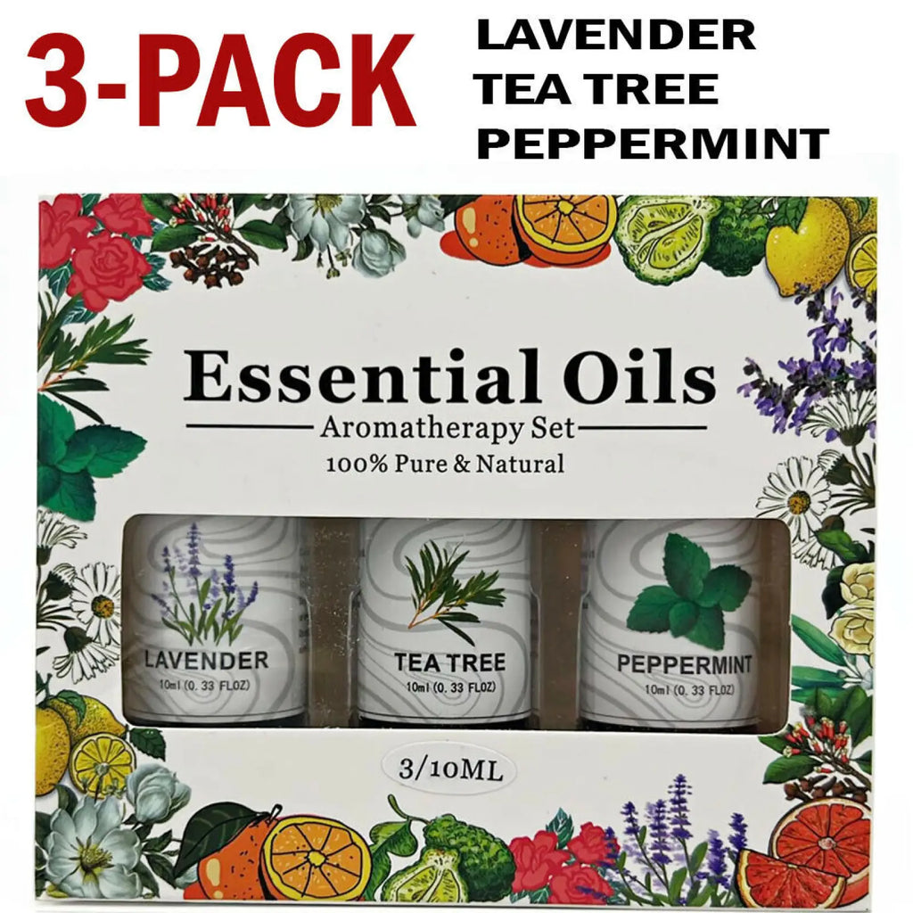 Essential oil set lavender tea tree peppermint 3 pack with clear glass bottles and botanical illustration labels