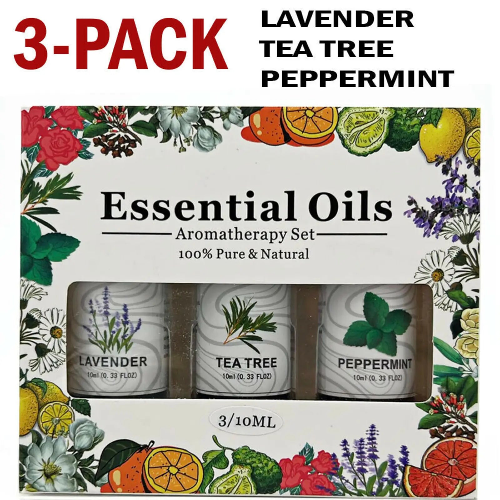 Essential oil set lavender tea tree peppermint 3 pack with clear glass bottles and botanical illustration labels