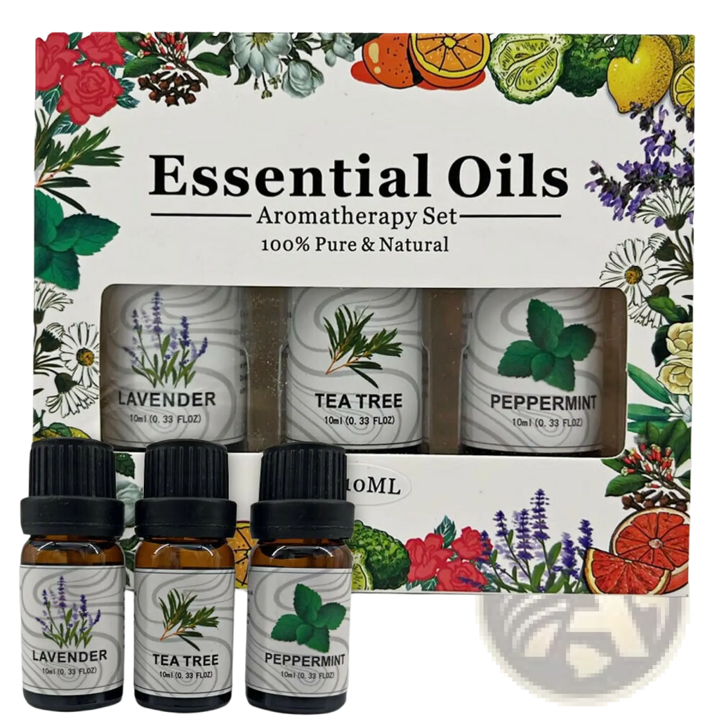 A 3-pack of amber glass essential oil bottles with black caps labeled lavender tea tree and peppermint scents