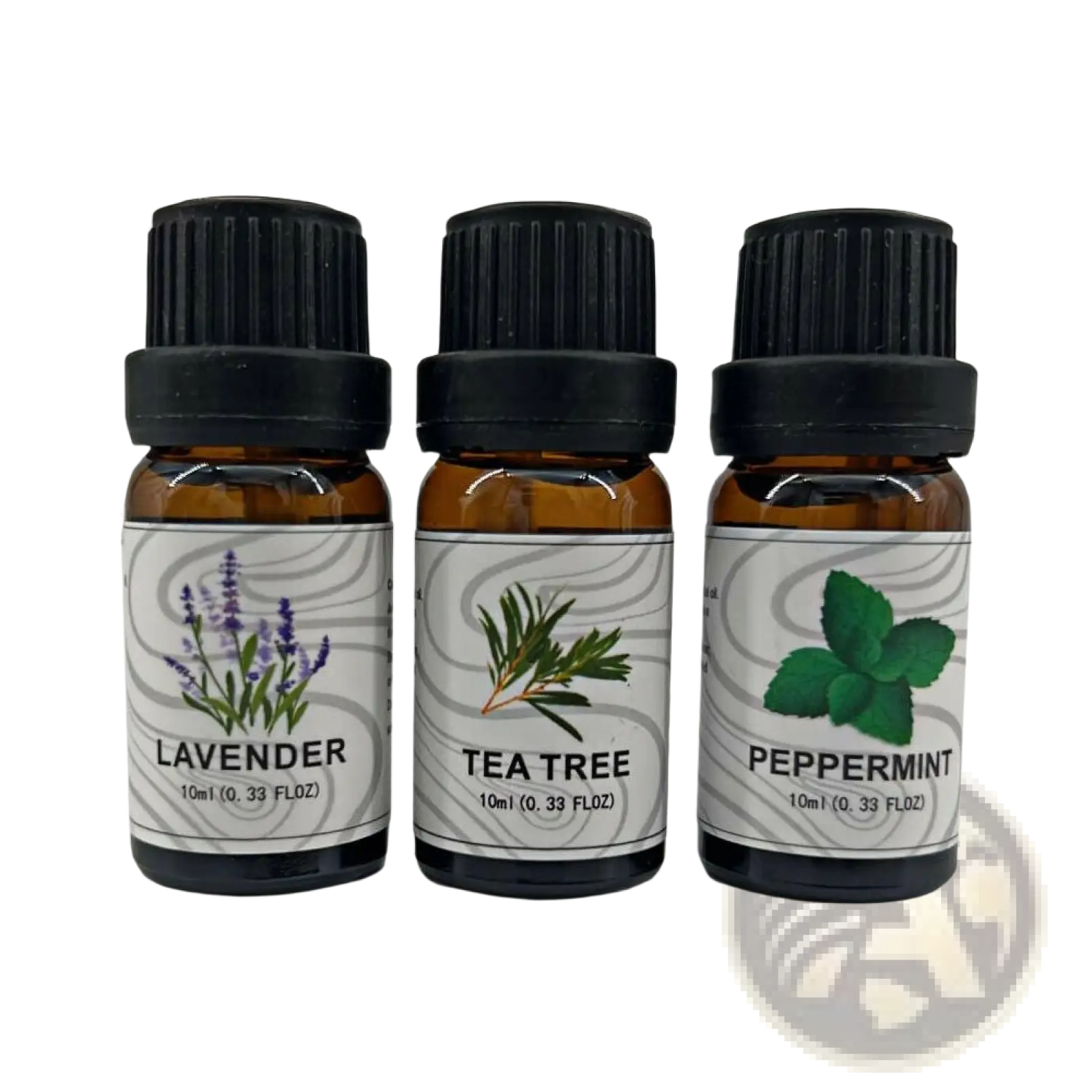 Three amber glass essential oil bottles with black caps labeled lavender tea tree and peppermint in a 3 pack set