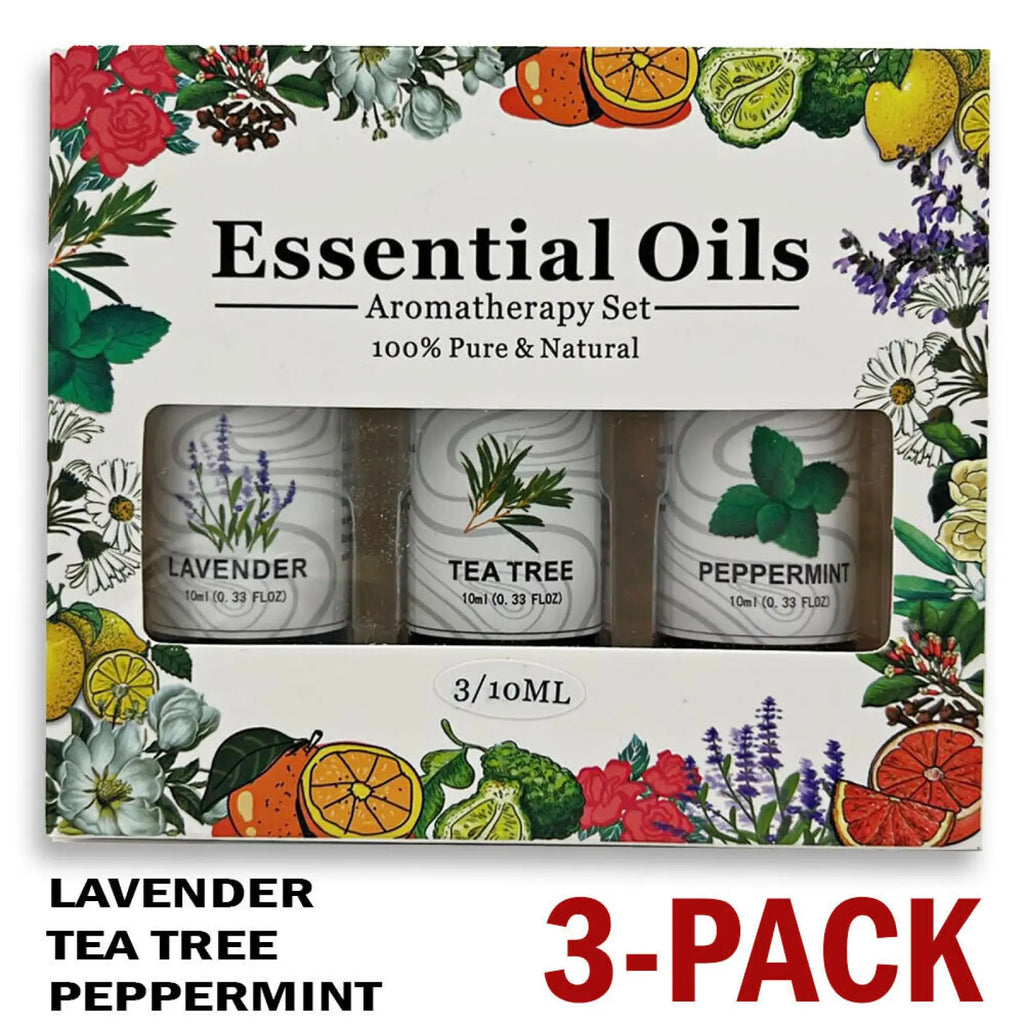 A white floral and citrus-themed box containing three 10ml essential oil bottles lavender tea tree and peppermint set