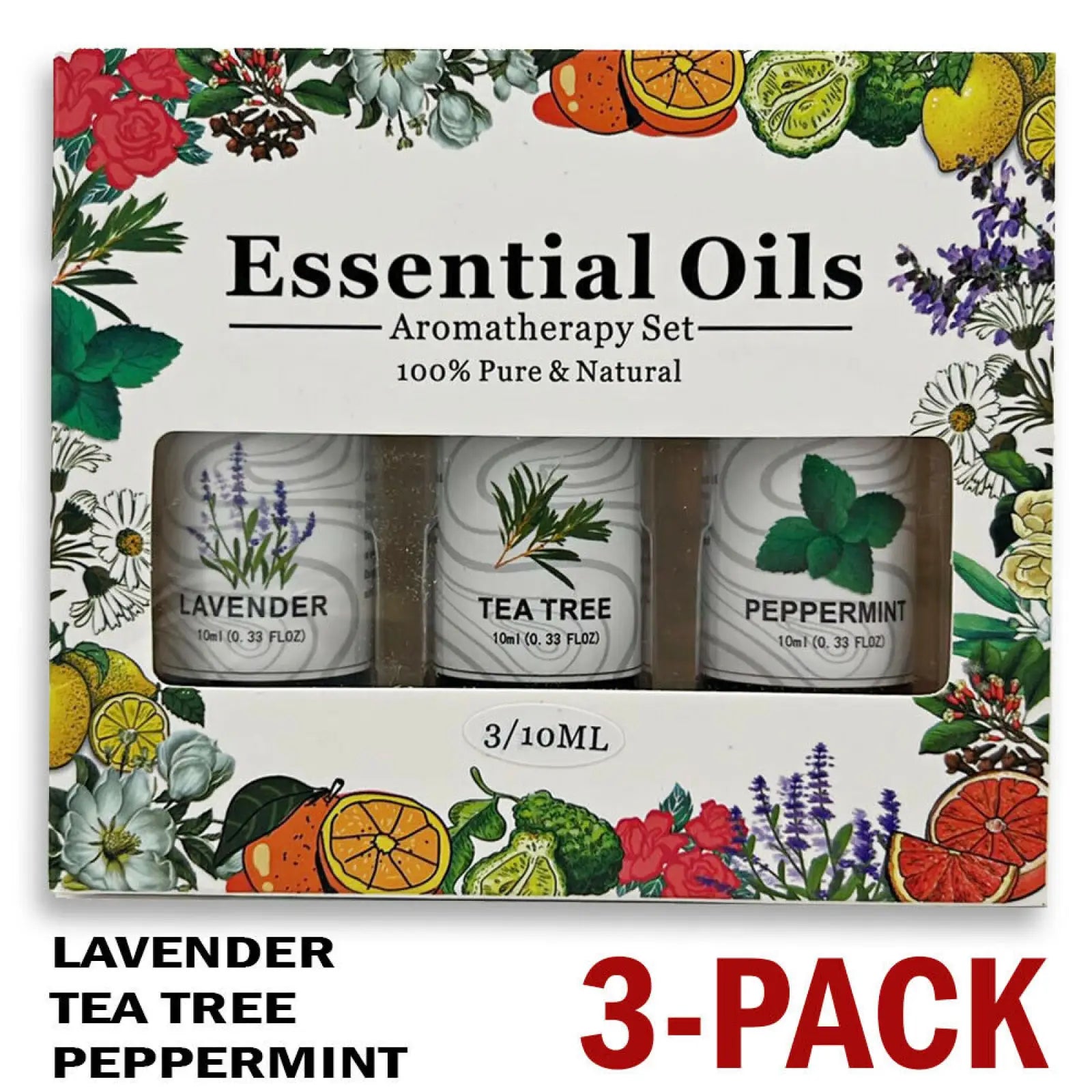 A white floral and citrus-themed box containing three 10ml essential oil bottles lavender tea tree and peppermint set