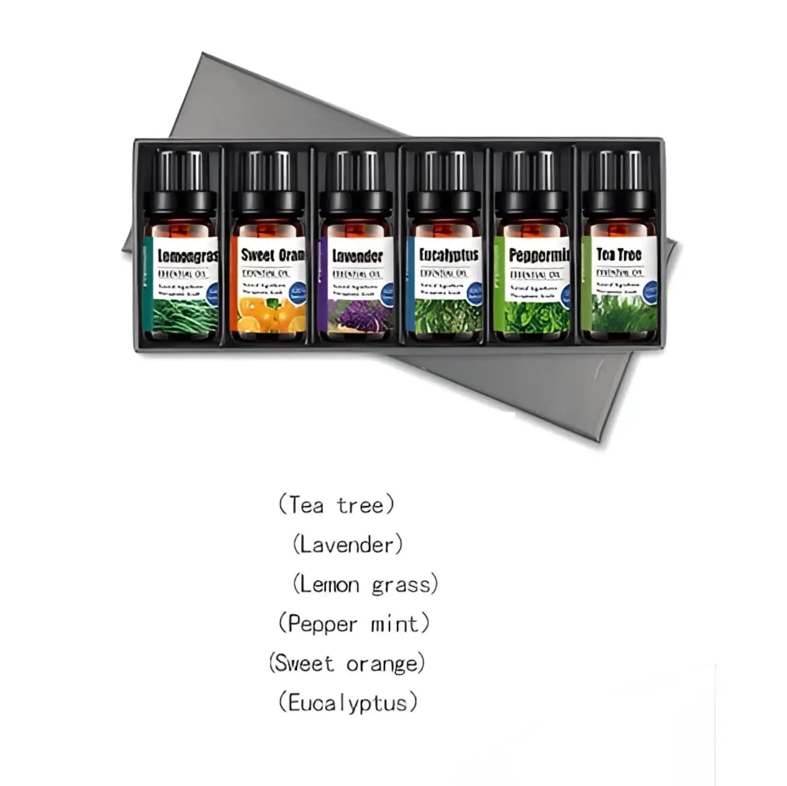 Set of eight essential oil bottles with colorful botanical labels in a sleek black tray for aromatherapy use