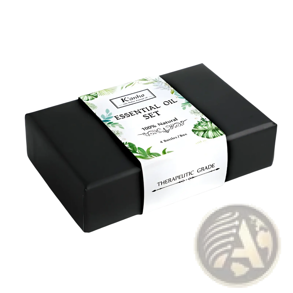 Black rectangular essential oil box with white label green leaf pattern and kanho brand for wooden diffuser set