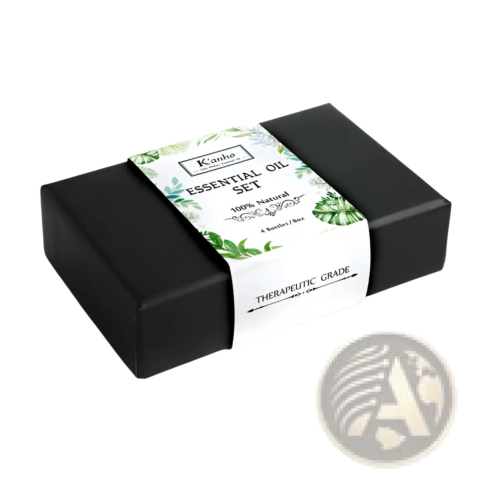 Black rectangular essential oil box with white label green leaf pattern and kanho brand for wooden diffuser set