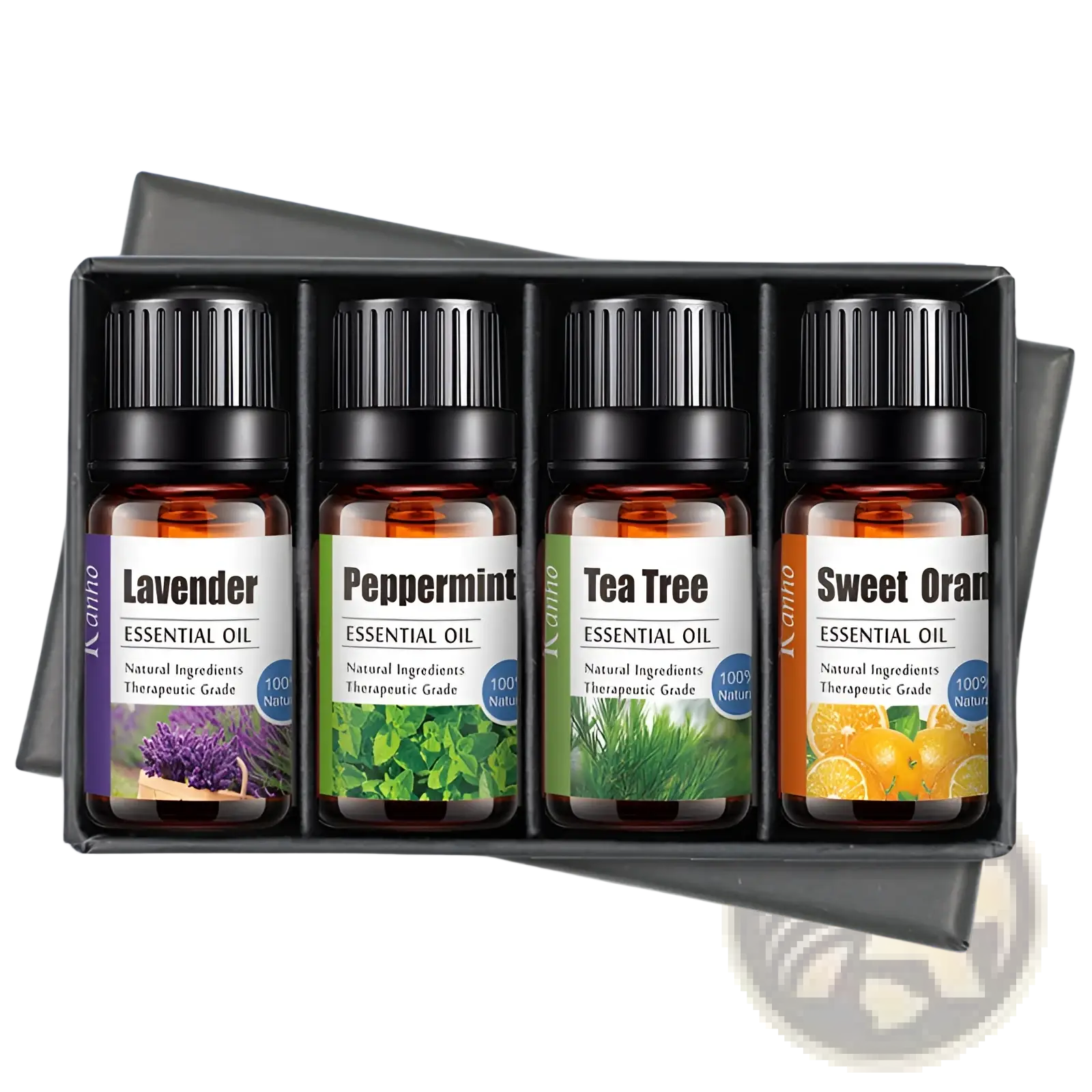 Set of four amber glass essential oil bottles with black ribbed caps in a sleek black gift box for aromatherapy