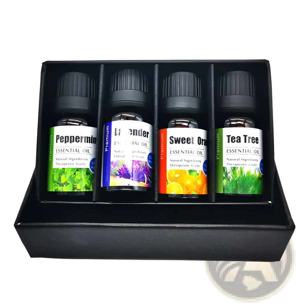 Set of four essential oil bottles with colorful labels in a black gift box included in essential oil set with wooden diffuser