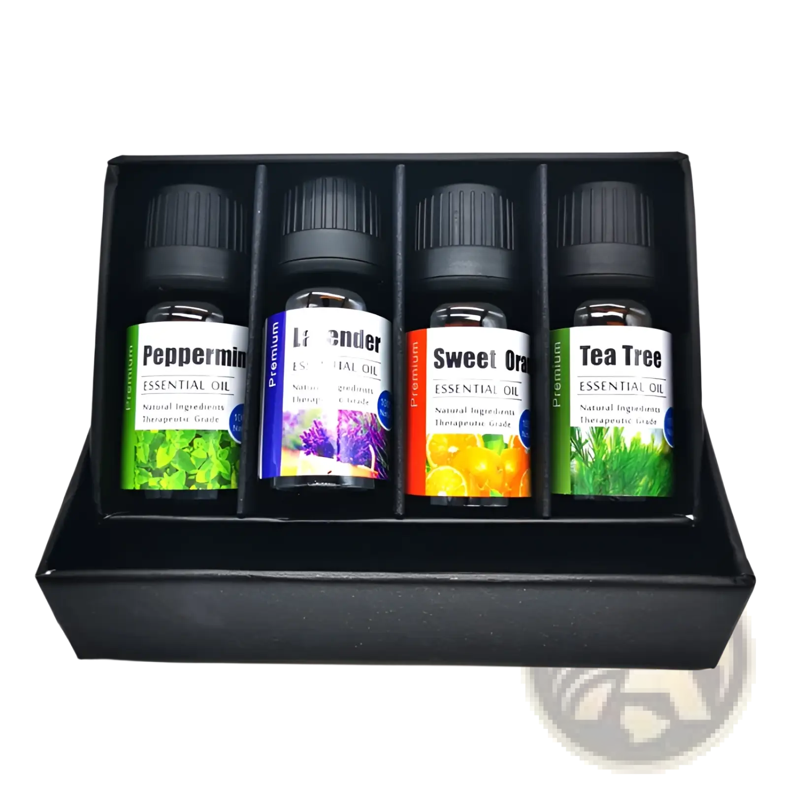 Set of four essential oil bottles with colorful labels in a black gift box included in essential oil set with wooden diffuser