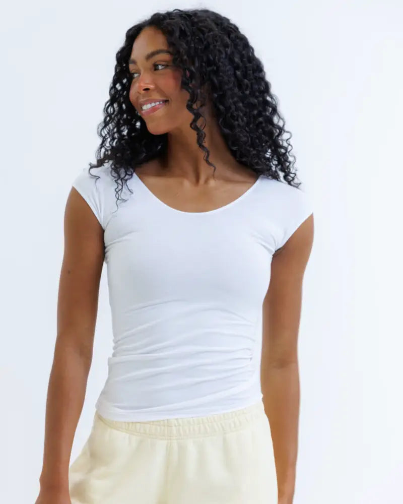 Essential tri-blend white short-sleeved scoop neck fitted tee made of soft breathable fabric for everyday wear