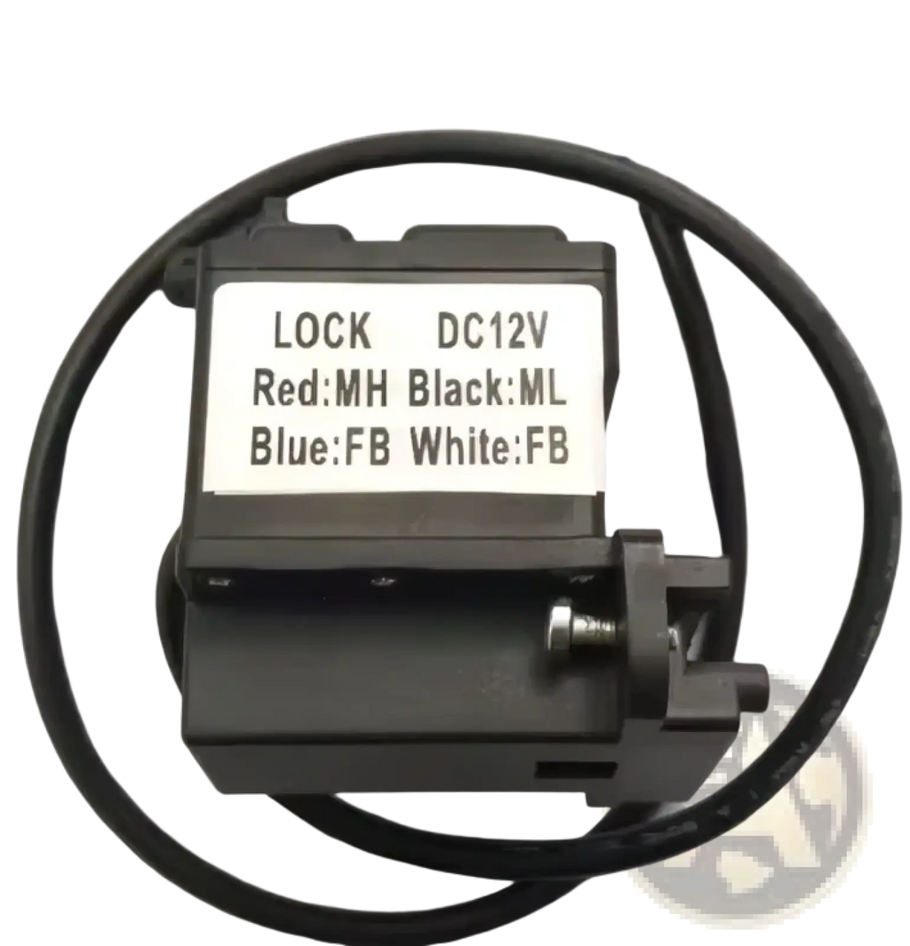 Black plastic dc 12v lock mechanism with labeled wire connections on the back of etek evse protocol controller 2.0 for ev charging stations