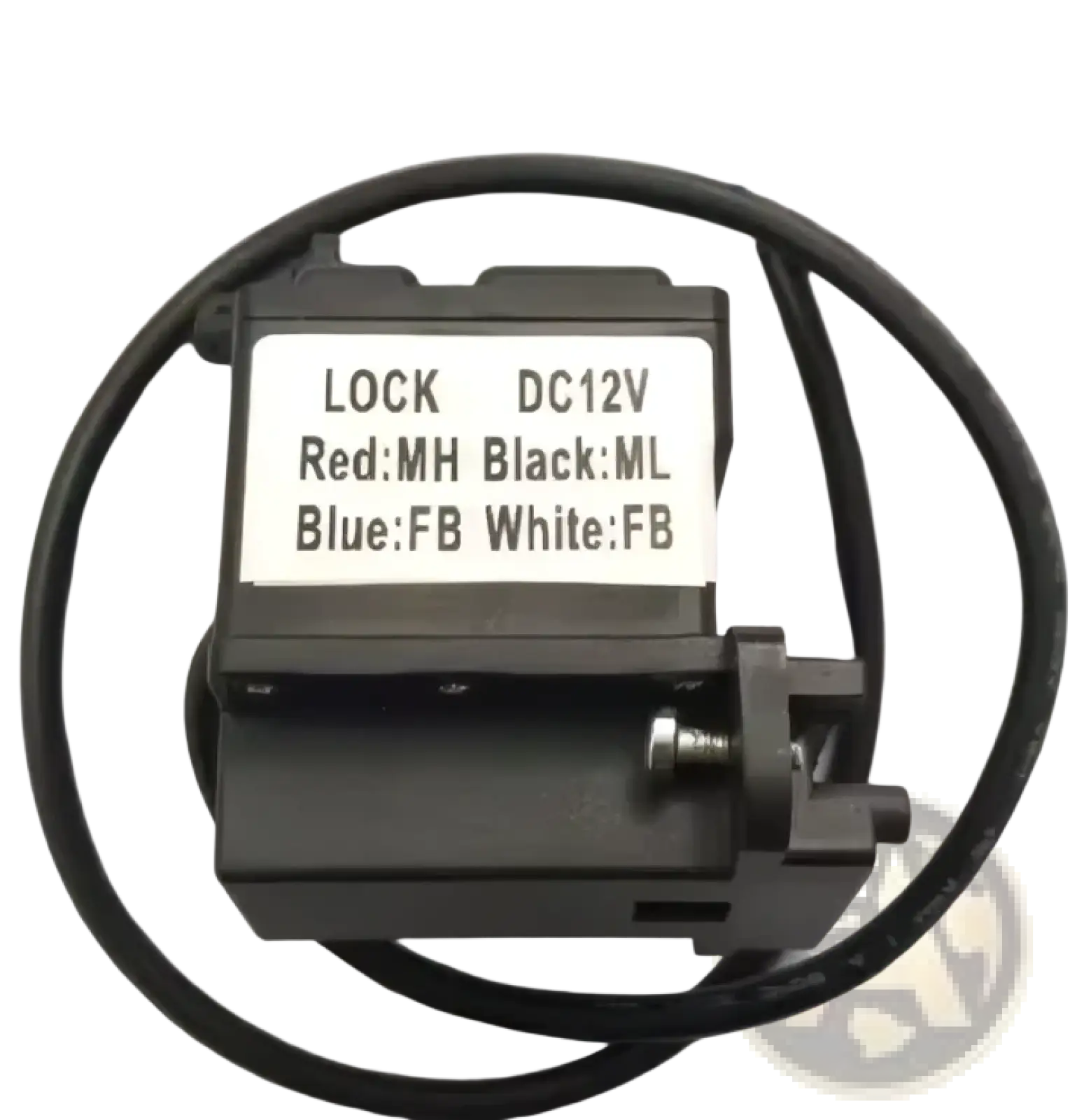 Black plastic dc 12v lock mechanism with labeled wire connections on the back of etek evse protocol controller 2.0 for ev charging stations