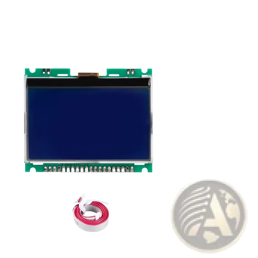 Etek evse protocol controller 2.0 with 128x64 pixel blue monochrome lcd display module on green circuit board and ribbon cable