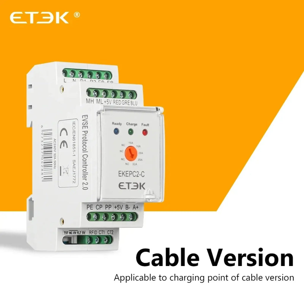 Etek evse protocol controller 2.0 with white casing green terminal blocks and indicator lights for ev charging stations