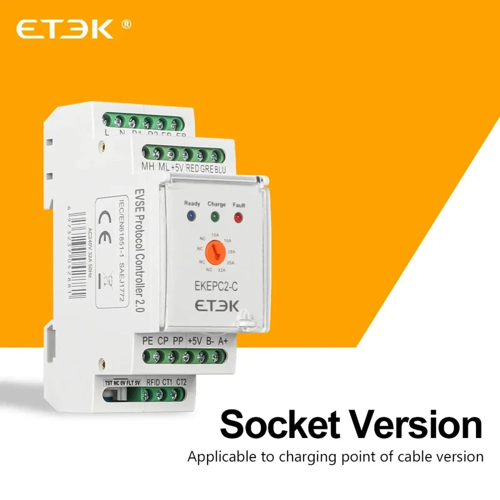 Etek evse protocol controller 2.0 with white casing green terminal blocks and status indicator lights for ev charging stations