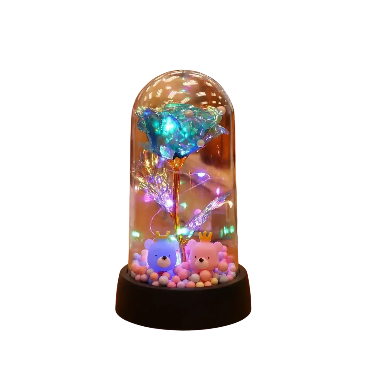 Eternal gold rose glass dome with a glowing blue led light, gold rose, two plush bears, and colorful beads at the base