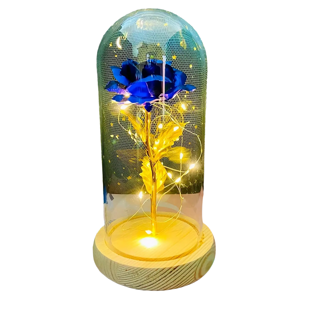 Eternal gold rose glass dome led light featuring a glowing blue and gold rose with warm fairy lights on wooden base
