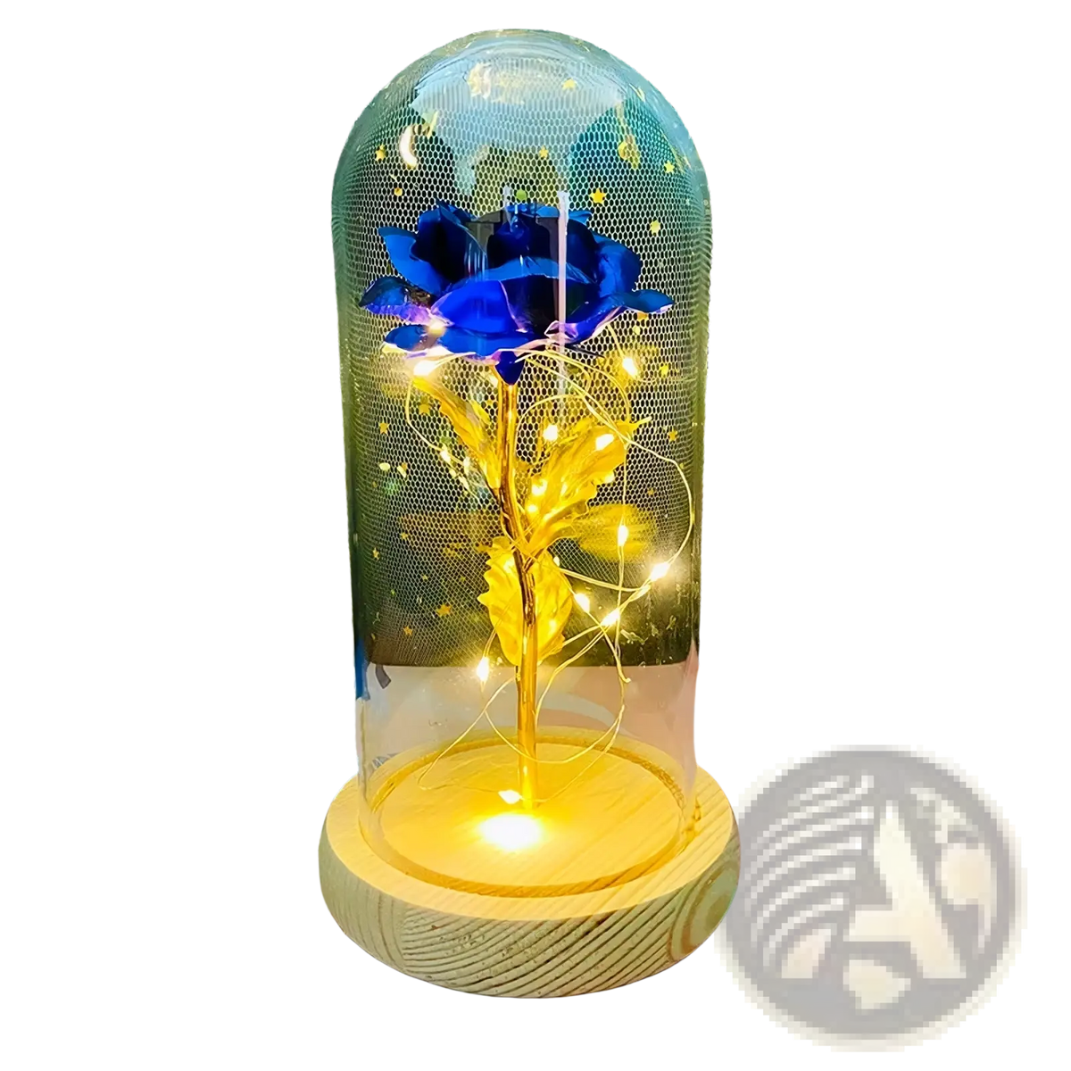 Eternal gold rose glass dome led light featuring a glowing blue and gold rose with warm fairy lights on wooden base