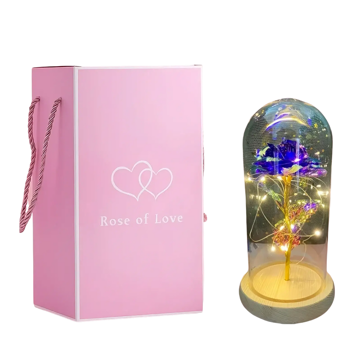Eternal gold rose glass dome led light featuring a glowing blue and gold preserved rose with fairy lights
