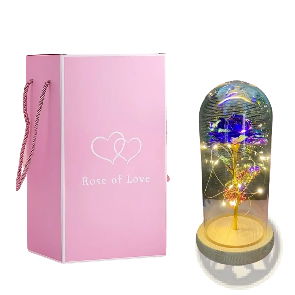 Eternal gold rose glass dome led light featuring a glowing blue and gold preserved rose with fairy lights
