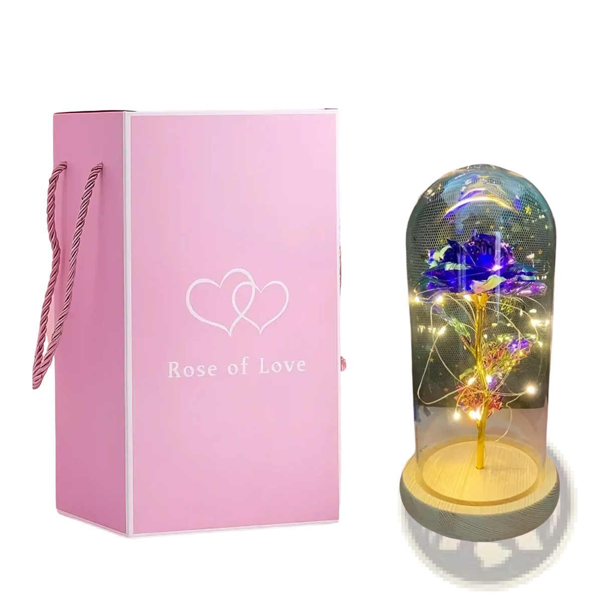 Eternal gold rose glass dome led light featuring a glowing blue and gold preserved rose with fairy lights