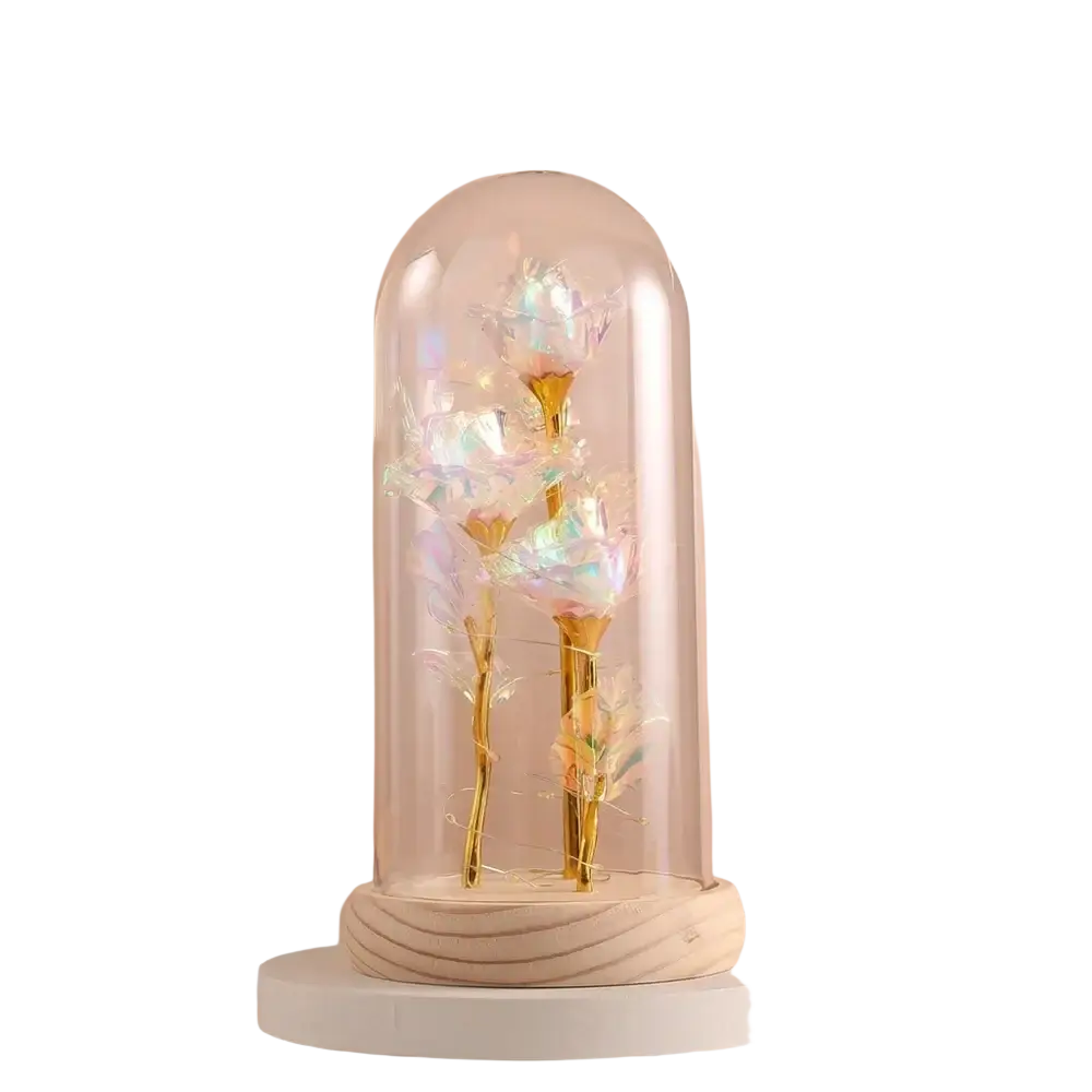 Eternal gold rose glass dome led light features an iridescent rose with golden stems on a wooden base