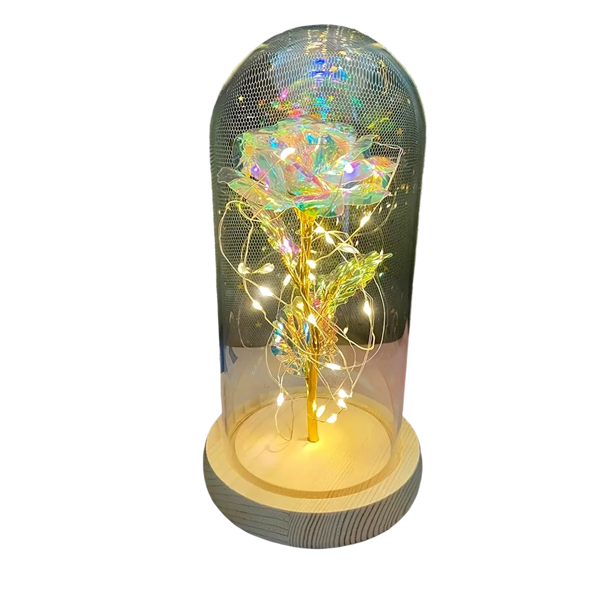 A glowing iridescent rose with a golden stem and fairy lights inside a glass dome on a wooden base eternal gold rose gift