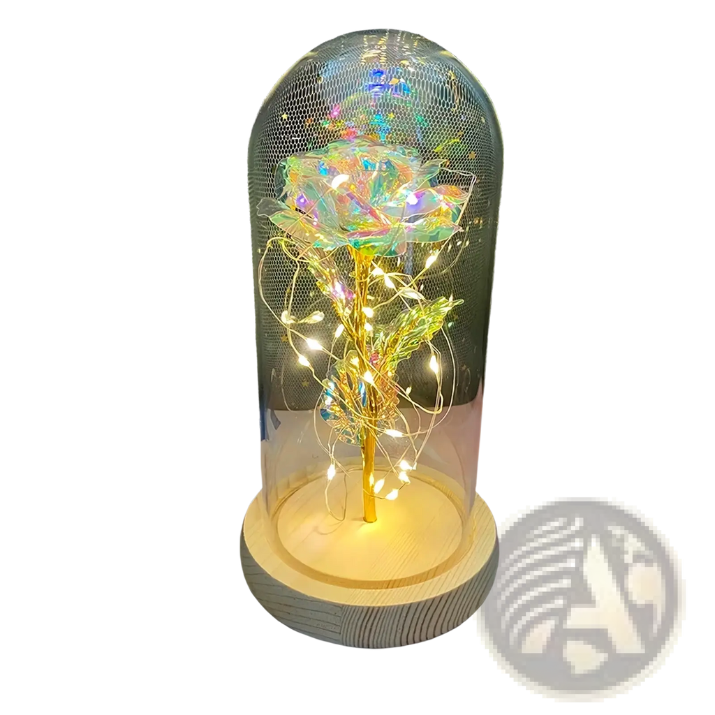 A glowing iridescent rose with a golden stem and fairy lights inside a glass dome on a wooden base eternal gold rose gift