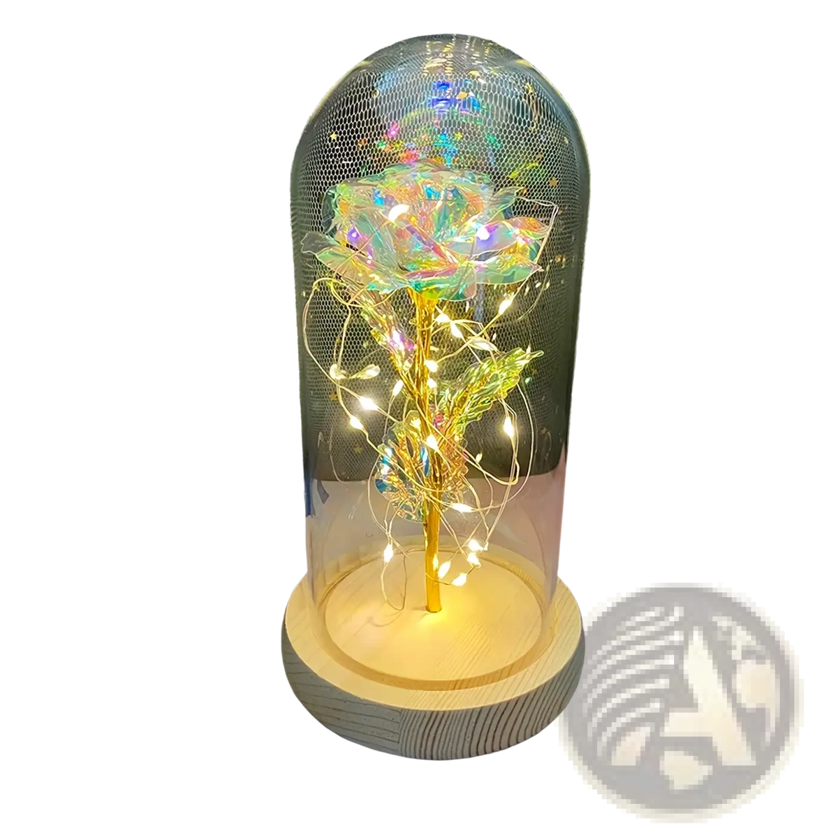 A glowing iridescent rose with a golden stem and fairy lights inside a glass dome on a wooden base eternal gold rose gift