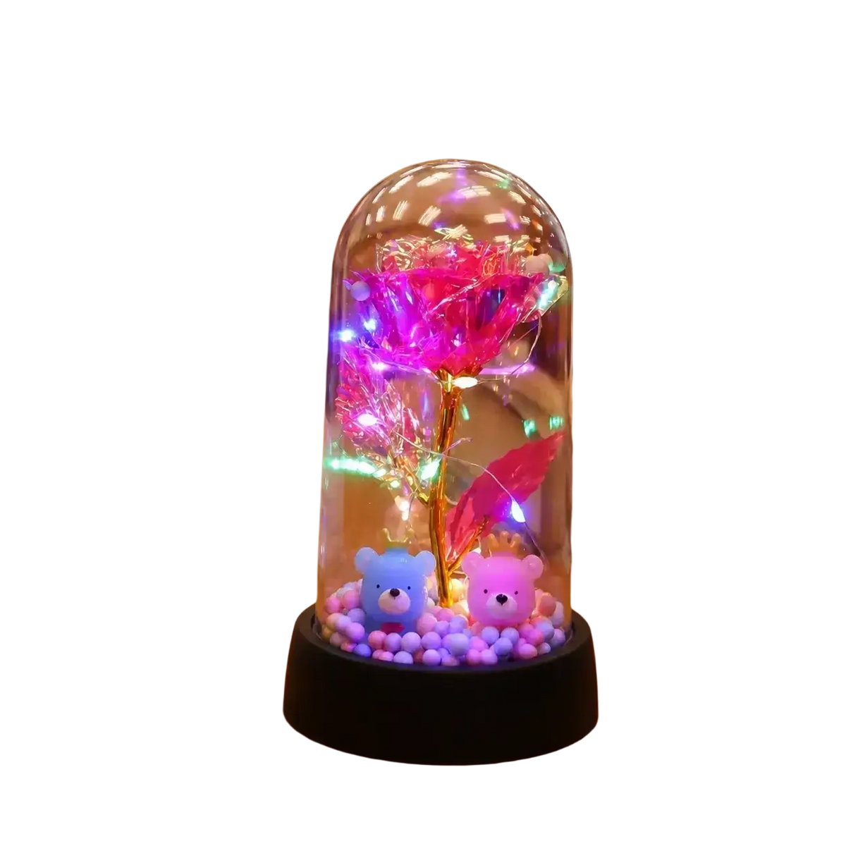 Eternal gold rose glass dome led light featuring a glowing pink led gold rose with plush bears on a black base