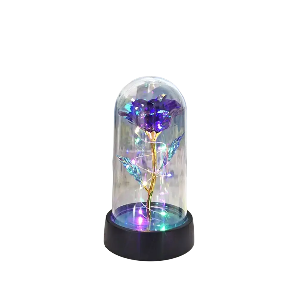 Eternal gold rose glass dome led light featuring a glowing purple rose with shimmering blue leaves under glass