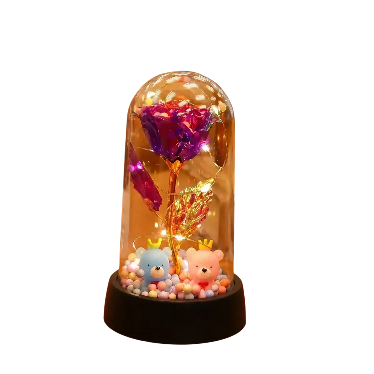Eternal gold rose glass dome with glowing purple rose led light surrounded by plush bears and colorful beads