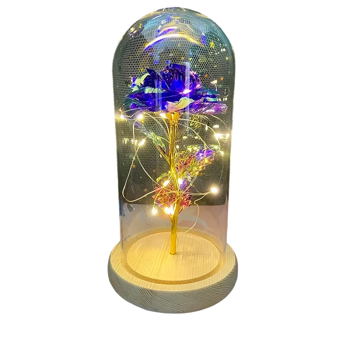 A glowing purple and gold rose with led light inside a glass dome on a wooden base for eternal gold rose gift